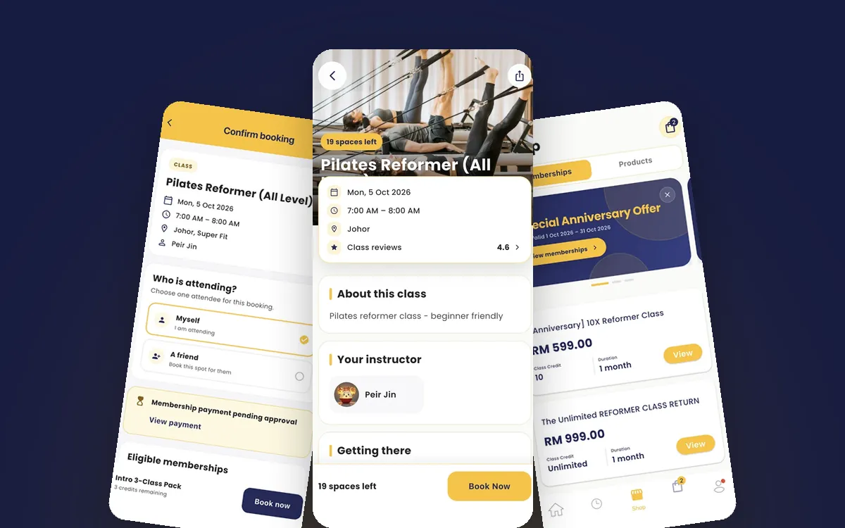 Three screens from the Fitnow member app: confirm booking, class details and the shop