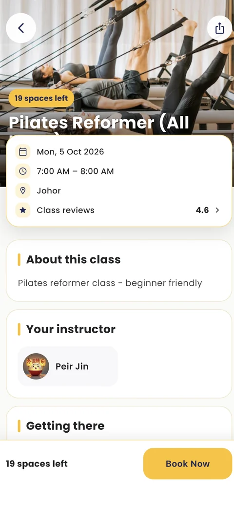 Fitnow member app showing a Pilates Reformer class with spaces left, reviews and a Book Now button