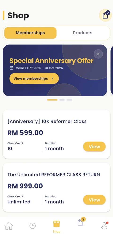 Fitnow member app shop with memberships and a special offer banner