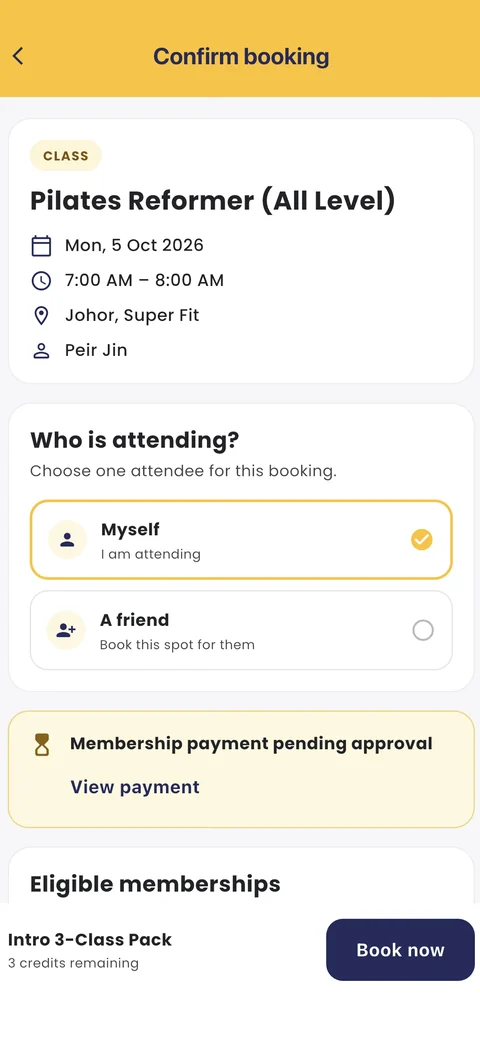 Fitnow member app confirming a booking paid with a class pack